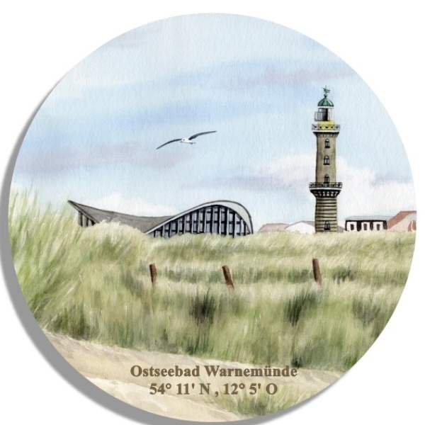Untersetzer Glasuntersetzer rund 9,5 cm   Aquarell Maritim Kunst Druck Kunstdruck Ostsee Leuchtturm Warnemünde Rostock Teepott Düne WA9